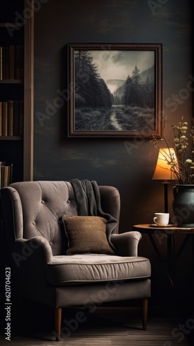 A cozy corner with a comfortable chair and a bookcase. An ideal place for reading and relaxing. Generative AI © ColdFire