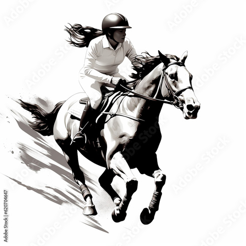 female horse rider jumping illustration isolated on white © Blackbird