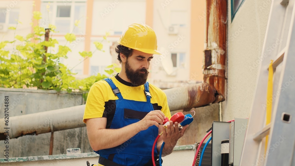 Capable specialist contracted by customer to detect HVAC system issues, tracking nitrogen pressure loss and adjusting superheat and subcooling level values measured by manifold gauges Capable specialist contracted by customer to detect HVAC system issues, tracking nitrogen pressure loss and adjusting superheat and subcooling level values measured by manifold gauges