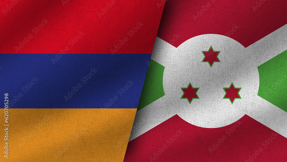 Burundi and Armenia Realistic Two Flags Together, 3D Illustration