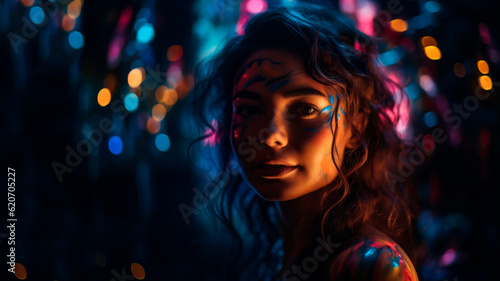 Portrait of a girl, colorful lights on background, copy space, created with Generative AI technology