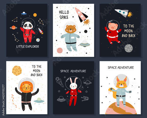 Set of Space Greeting Cards. Сollection of space-themed greeting cards with cute animals, planets, stars, and spaceships. Vector illustration, hand drawn style.