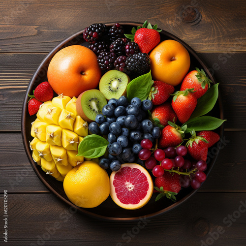 Raw and ripe fruits berries platter  on a round brown plate  on a wooden table  top view. Round fruit vitamin plate  proper and healthy nutrition. AI Generated.