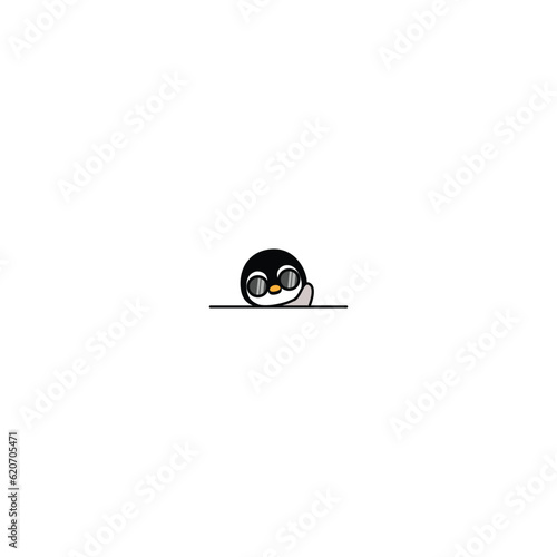 Cute penguin baby with sunglasses waving wing cartoon, vector illustration