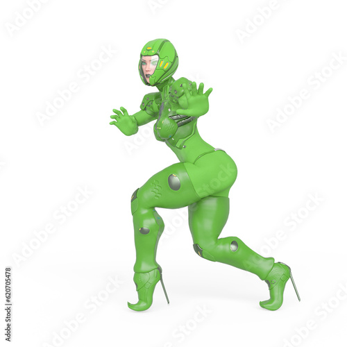 cyber soldier girl is is trying to stop the action in white background