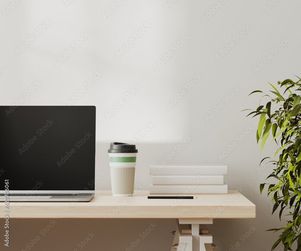 Laptop with coffee mug on side on wooden desk, office workplace, 3d Laptop with coffee mug on side on wooden desk, office workplace, 3d