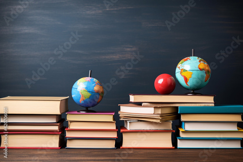 Education and reding concept. Abstract concept of knowledge, education, learning, and literature. Books and apple on the desk in front of the blackboard. High quality photo