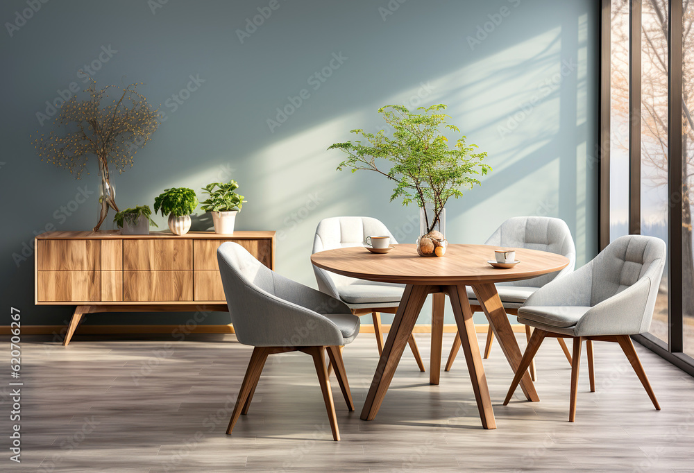 Fototapeta premium Round wooden dining table and barrel chairs against window and blue wall. Scandinavian or mid-century interior design of modern living room. Created with generative AI