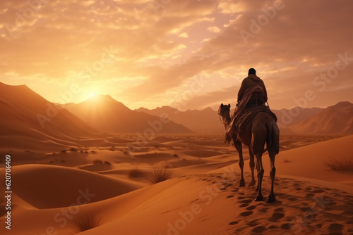 man riding camel in desert. Generative AI.