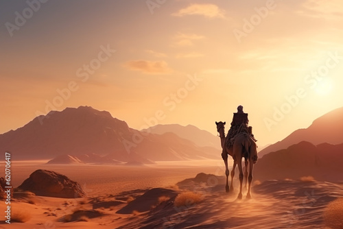 man riding camel in desert. Generative AI.