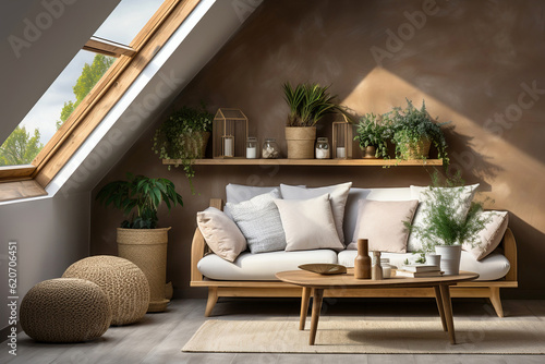 Rustic sofa against brown stucco wall with wooden shelf. Scandinavian interior design of modern stylish living room in attic. Created with generative AI