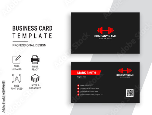 Gym and Fitness Business Card Design Template. Professional Sports Trainer vector Card
