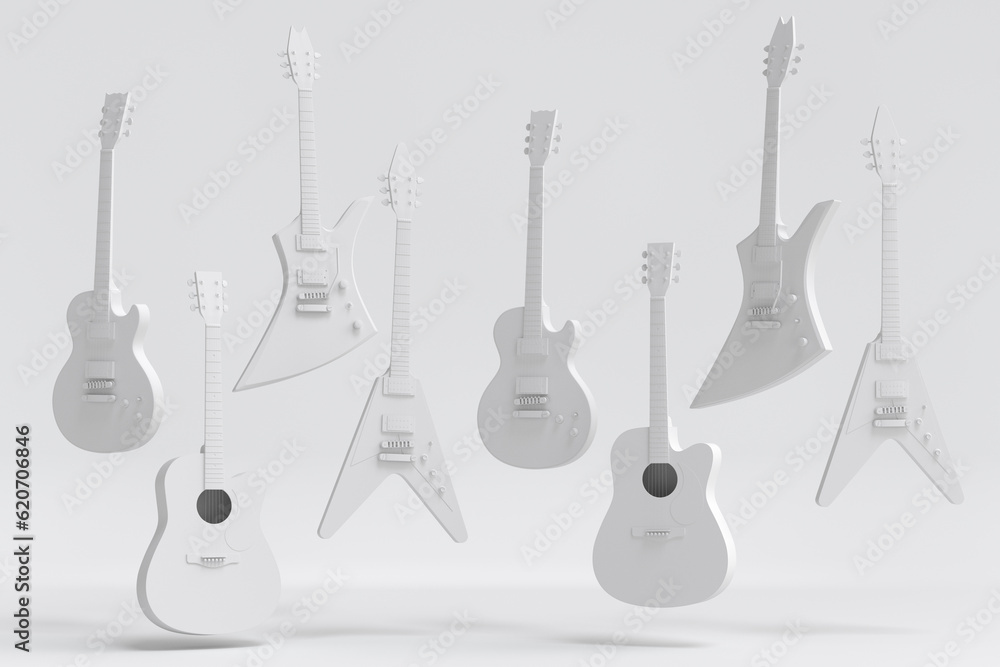 Set of electric acoustic guitars isolated on monochrome background.