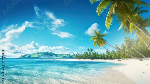 Sunny Tropical Beach With Palm Leaves And Paradise