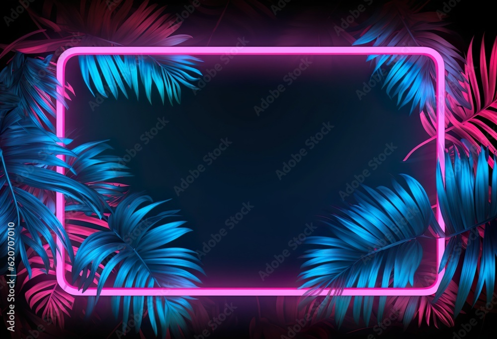 Tropical Leaves Illuminated with Blue and Green - obrazy, fototapety, plakaty 