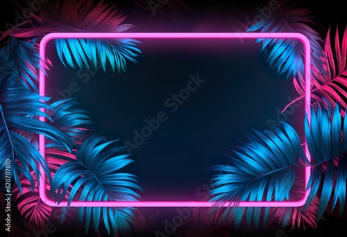 Fotografiet Tropical Leaves Illuminated with Blue and Green