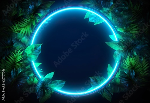 Green and Blue Neon Light with Tropical Leaves photo