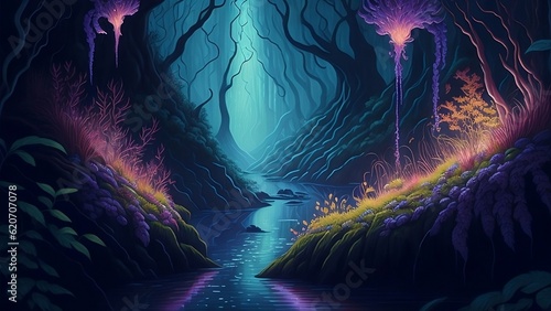 Main Aspect Enchanted Forest Glowing Flora Mystical Creatures Hidden Pathways Cascading Waterfalls