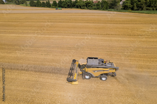 Wheat combines can cover vast areas in field  ensuring an efficient collection of crop. Successful collection of wheat ensures an abundant supply of this valuable cereal grain.