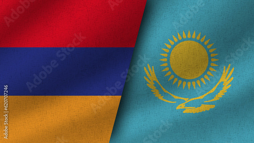Kazakhstan and Armenia Realistic Two Flags Together, 3D Illustration