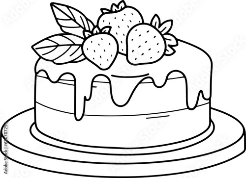 Cake vector illustration. Black and white outline Cake coloring book or page for children