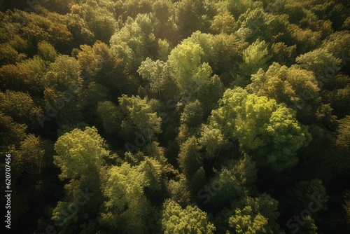 A bird's eye view of a sunlit forest during summer. Generative AI