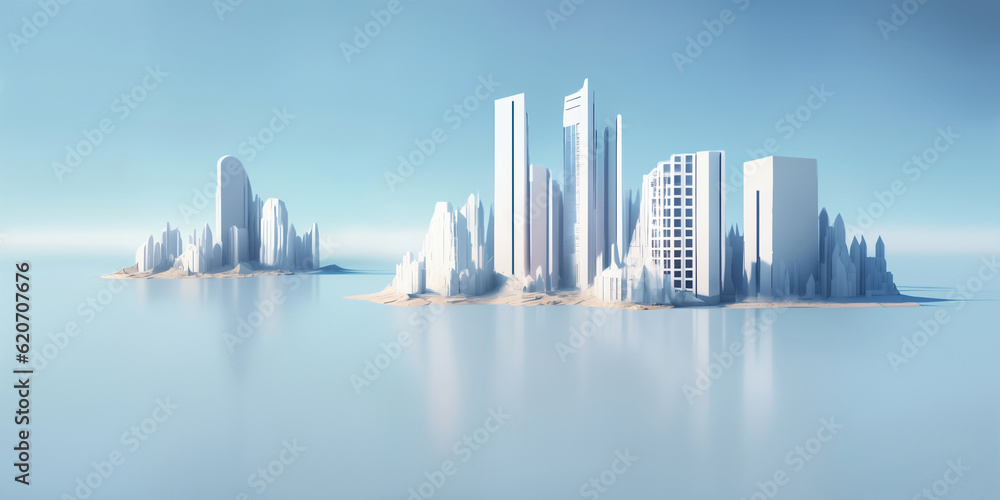 Modern City 3D render view. Minimalist modern architecture 