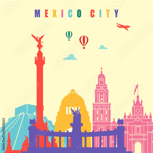 Mexico city symbol buildings frame colorful canvas silhouettes.