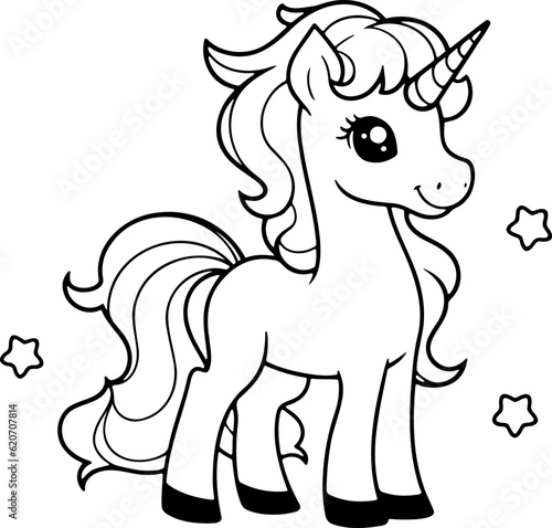 Unicorn vector illustration. Black and white outline Unicorn coloring book or page for children