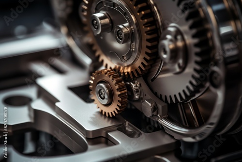 Reliable industrial mechanical gears and cogs in motion in a structured well-organized and connected mechanism, meshing parts together in a in precise manner and thoughtfully crafted synergy. 