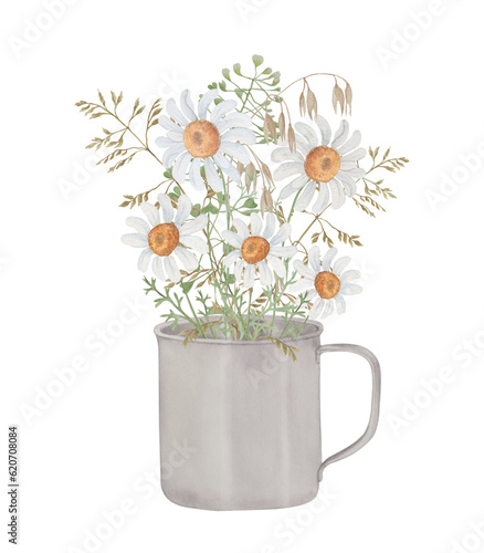 Bouquet of wild herbs and daisies in a metal cup