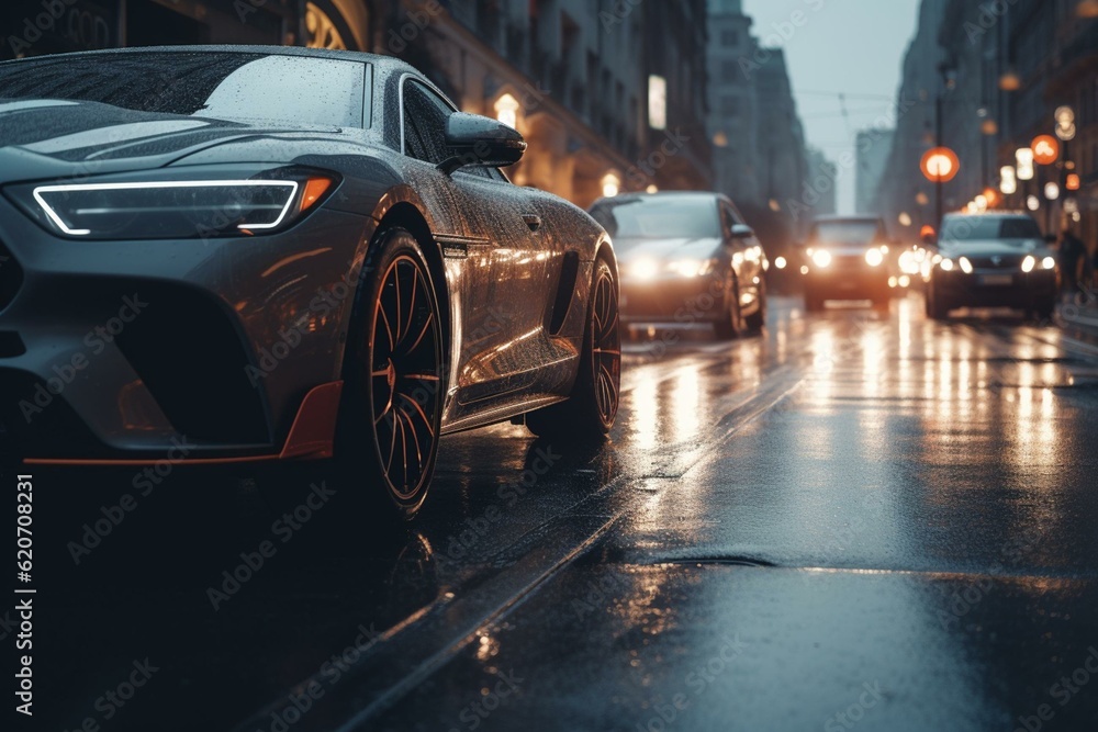 Luxury cars speeding through the city's urban streets. Generative AI