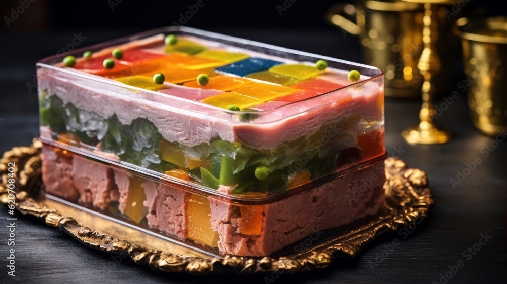 Terrine with its lid removed, revealing the colorful and enticing ingredients inside Terrine with its lid removed, revealing the colorful and enticing ingredients inside