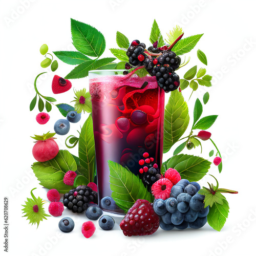 Extra bright forest fruits blackberry and raspberry juice and leaves isolated on white background in png format studio close up minimalist packshot mode. AI Generative image