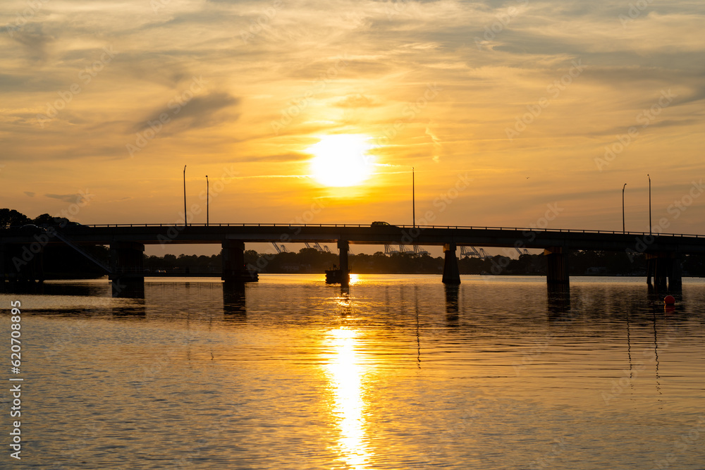The Granby Street Bridge Seen from the Lafayette River at Sunset in Norfolk Virginia