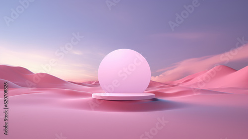 Abstract fantastic background. Surreal fantasy landscape. Pink desert with empty space podium display under the blue sky with white clouds. Modern minimal wallpaper. Generative AI.