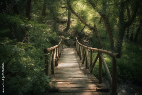 A scenic wooden footbridge over a small stream nestled among lush green trees and foliage Fototapet