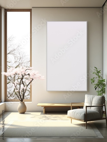 Japanese minimalist style living room with white blank poster on the wall