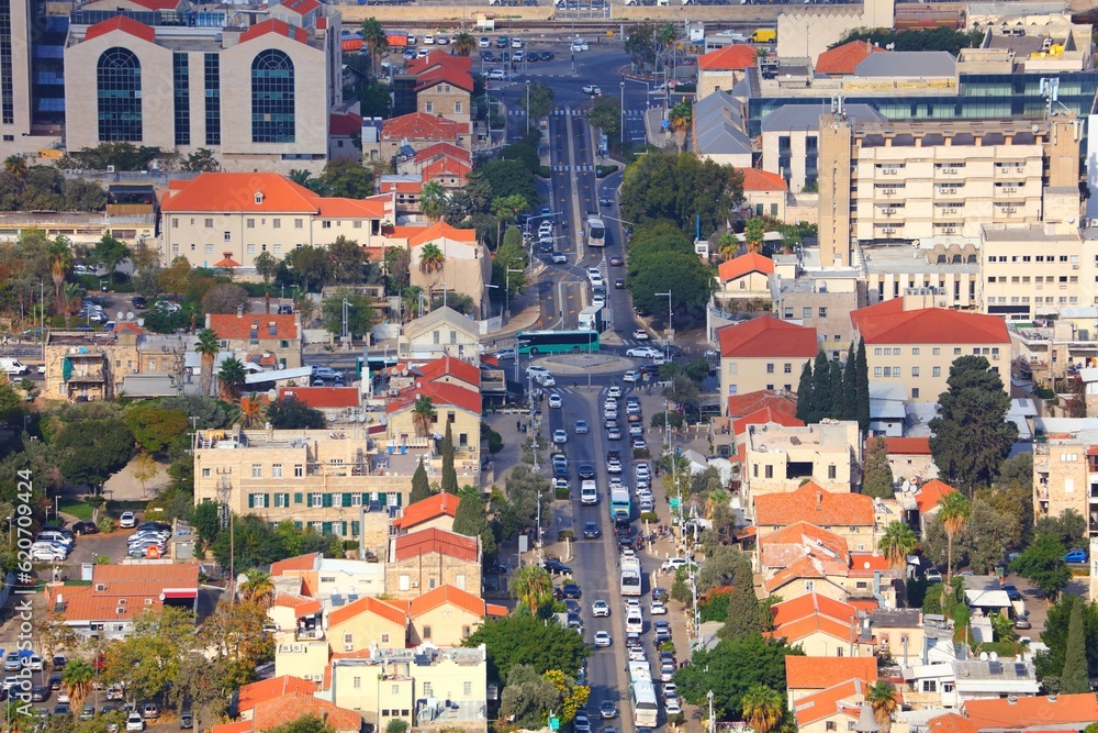 Haifa city, Israel. Cityscape of Haifa streets with downtown Lower City.