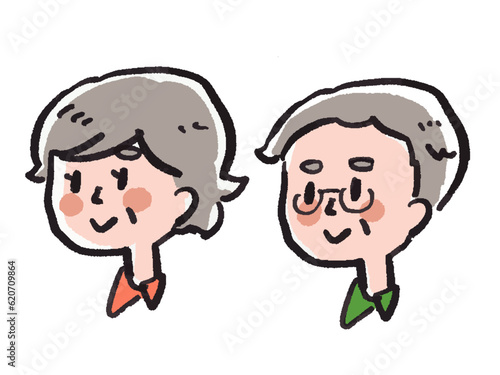 シニア世代 手書き水彩風老いた女性と男性のアイコンイラストセット