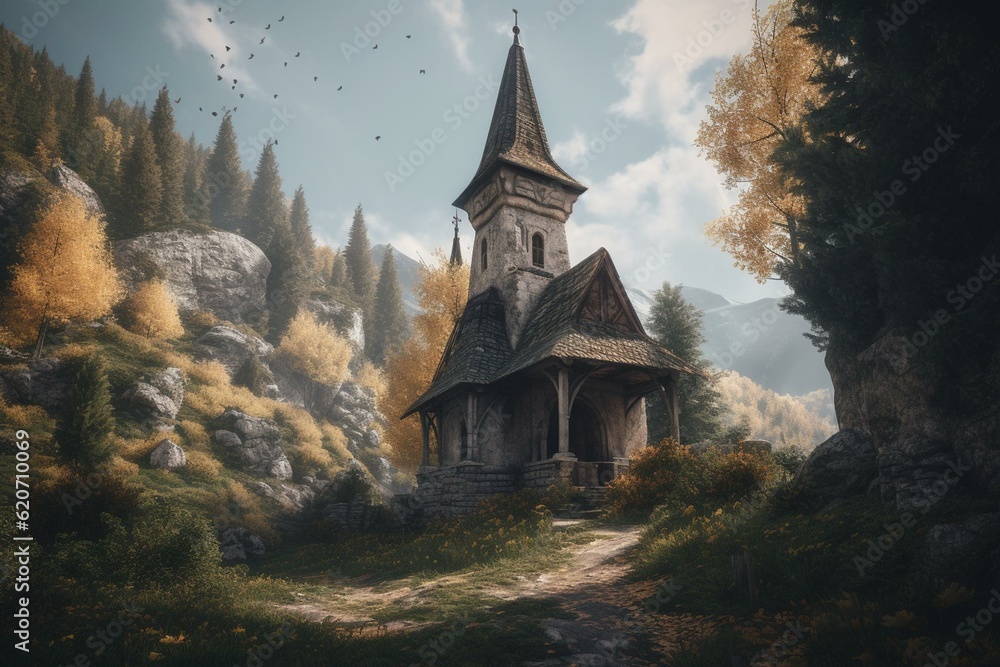 A digital drawing of a grand, medieval-style chapel. Generative AI