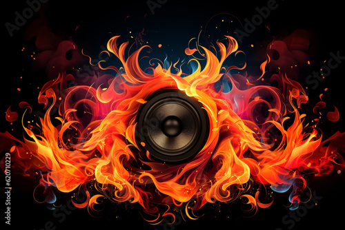 Sound Multimedia Soundsystem Hifi Audio Soundbox Lautsprecher Membran abstrakt orange rot Style im Querformat. Generative Ai. 