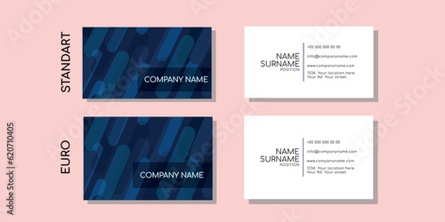 Business card template design. address. name. surname. phone number. A minimal elegant set of creative brand contact information in a vector illustration. blue shades. unusual style.