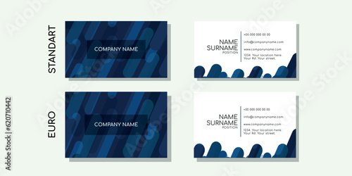 Business card template design. address. name. surname. phone number. A minimal elegant set of creative brand contact information in a vector illustration. blue shades. unusual style.