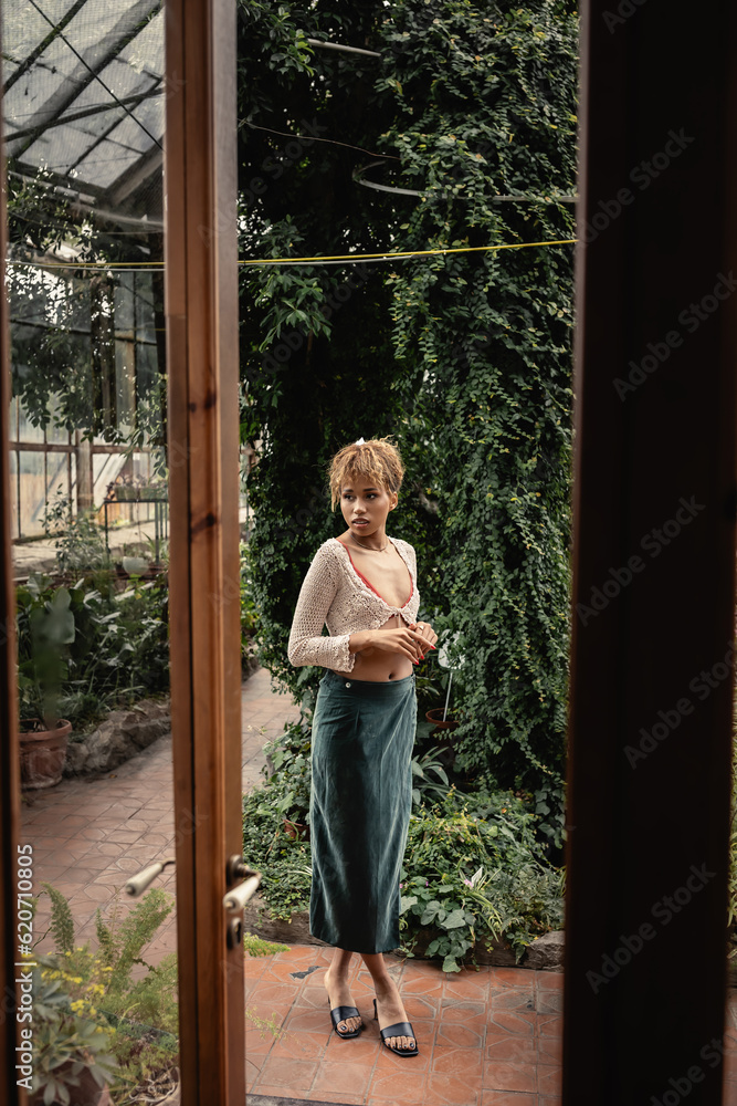 Full length of trendy young african american woman in knitted top and skirt standing near plants and door of indoor garden, stylish lady surrounded by exotic tropical foliage, summer concept Full length of trendy young african american woman in knitted top and skirt standing near plants and door of indoor garden, stylish lady surrounded by exotic tropical foliage, summer concept