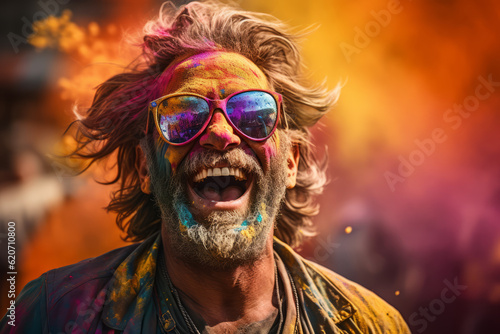 Close up of a man celebrating Holi festival of colors in India. The arrival of spring, the victory of good, happiness. Generative AI.