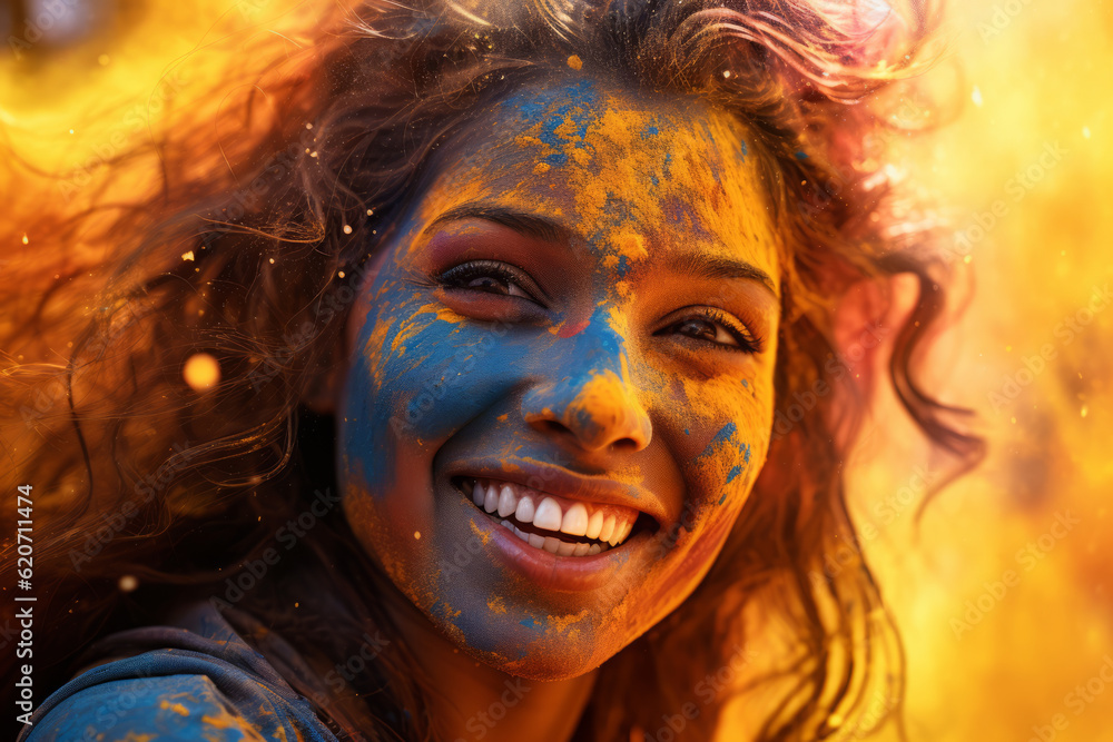 Close up of beautiful woman celebrating Holi festival of colors in India. The arrival of spring, the victory of good, happiness. Generative AI.