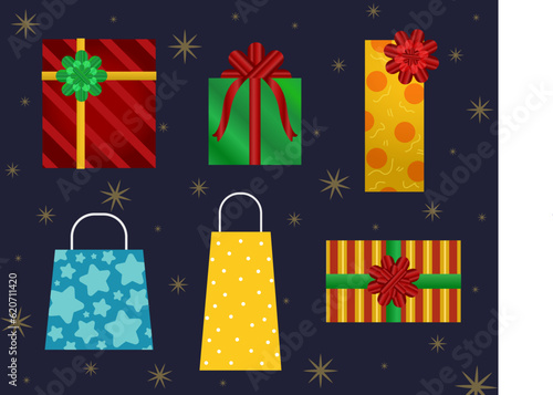 Conjunto de cajas y bolsas de regalo con motivos de Navidad. Vector