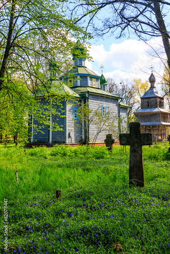 Old wooden church in Open air Museum of Folk Architecture and Folkways of Middle Naddnipryanschina in Pereyaslav, Ukraine