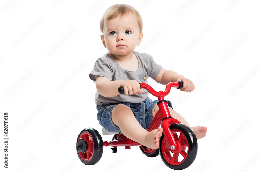 Baby on a tricycle isolated on transparent or white background. Fictional person. Generative AI Baby on a tricycle isolated on transparent or white background. Fictional person. Generative AI